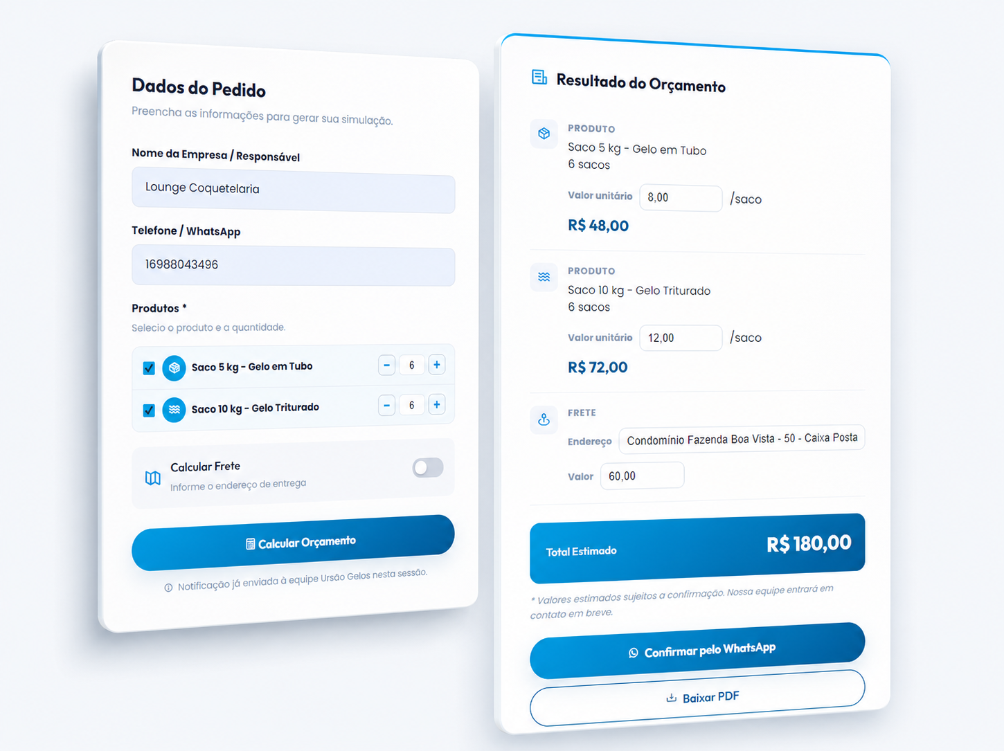 Ursão Gelos — Orçamento integrado com Whatsapp reduziu 92% do SLA no envio de propostas